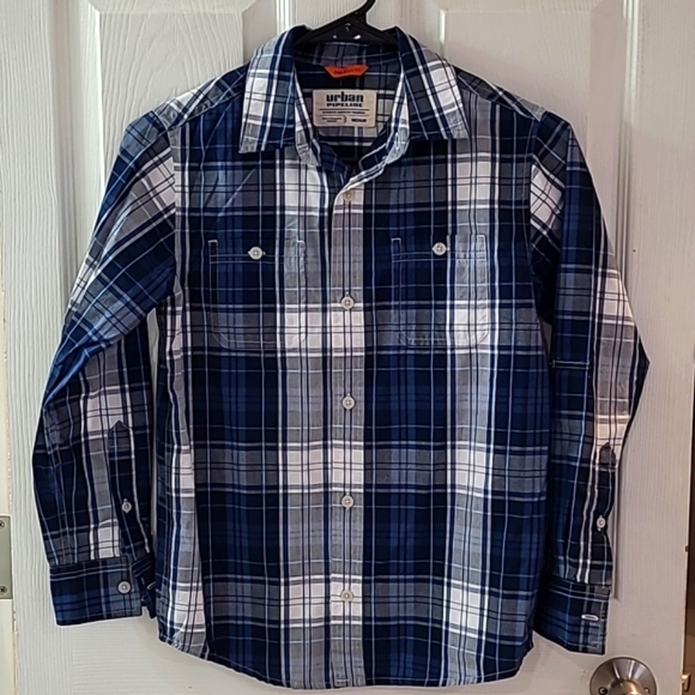 Urban Pipeline Long Sleeve Button Down Shirt, Blue and Gray, Youth Medium
